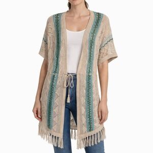 Chico's Linen Open Knit Cardigan Large Beige Teal Fringe Boho Resort Coastal